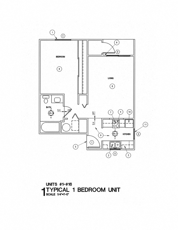 Floor plan for 1 bed, 1 bath, 593 sqft